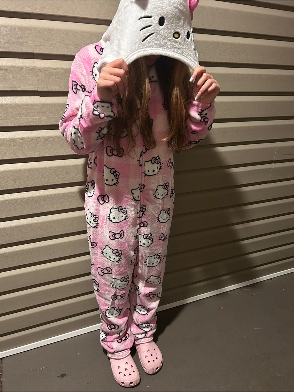 Hello Kitty Pink and White Plush Hooded Kids One-Piece Pajama